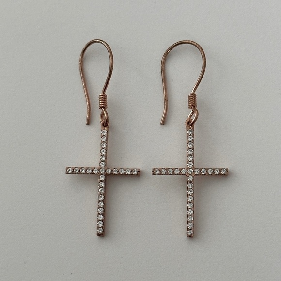 Jackets & Blazers - 925 Silver cross earrings cz stones halo french wire 14k rose gold plated